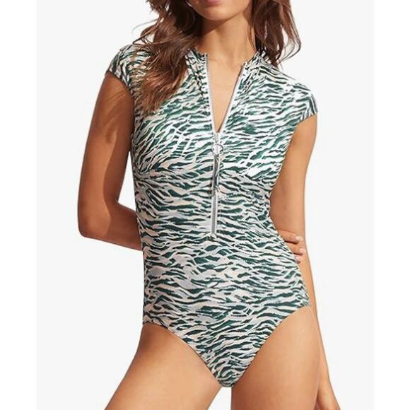 Seafolly Wild At Heart Green zip front cap sleeve one piece swimsuit NWT size 4 - Picture 1 of 9